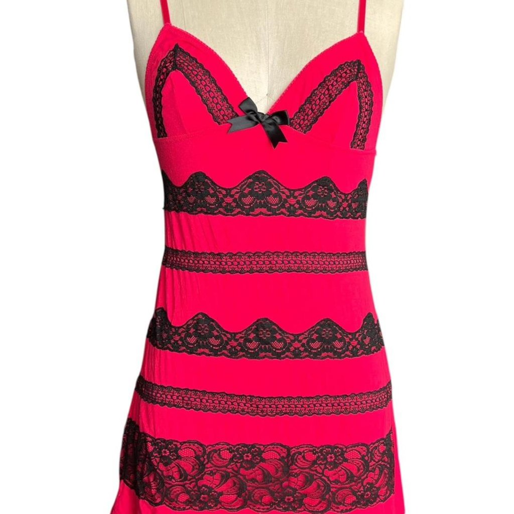 Vtg Victoria Secret Pink Babydoll Slip Dress With Black Lace Details &